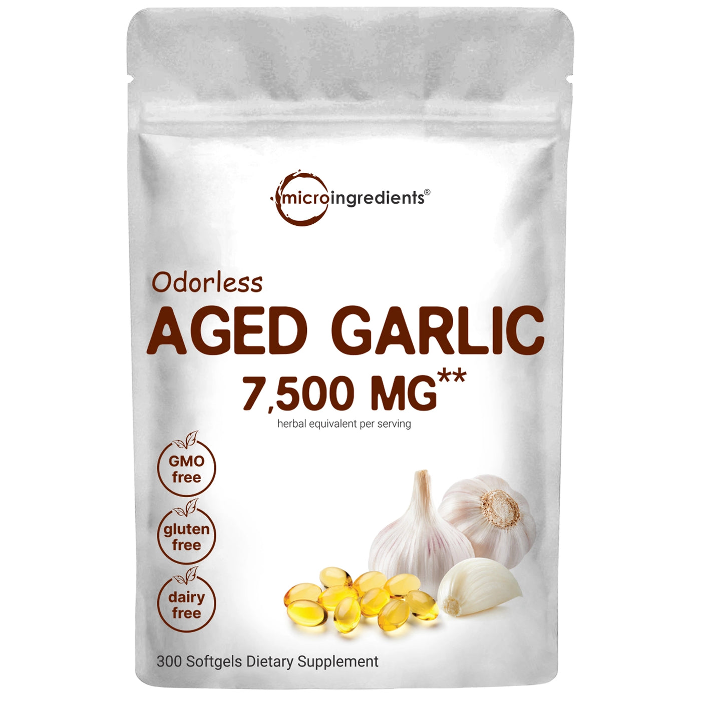 Odorless Garlic Pills 7500mg Servings, 300 Softgels Front