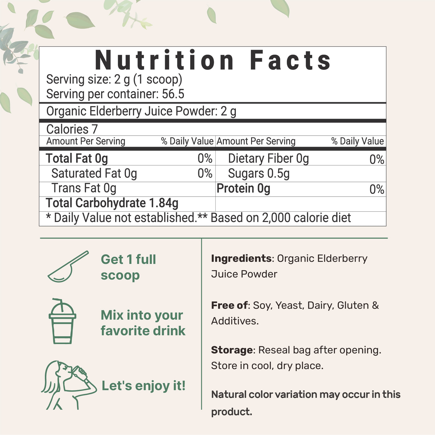 Organic Elderberry juice Powder, 4 Ounces Nutrition Facts