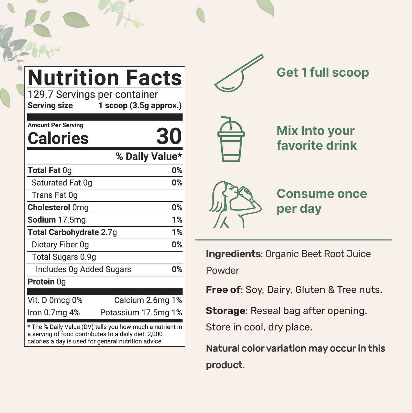 Organic Beet Juice Powder, 1 Pound Nutrition Facts