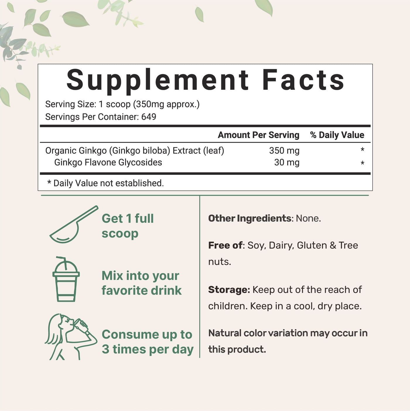 Organic Ginkgo Biloba Powder Supplement facts