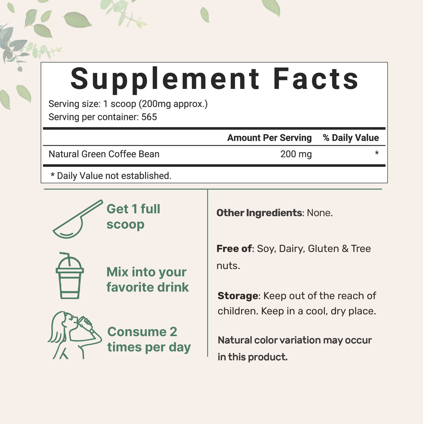 Green Coffee Bean Powder Supplement facts