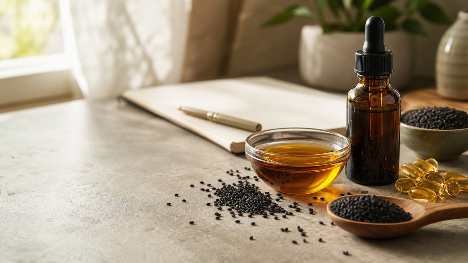 Black seed oil, Nigella sativa seeds, softgels, and a notebook on a warm kitchen counter