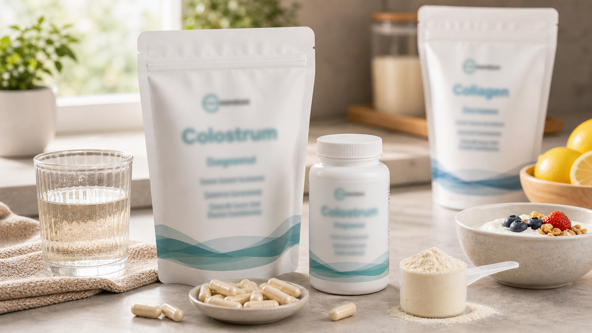 Colostrum powder, capsules, collagen powder, and a label-reading setup for a daily supplement routine