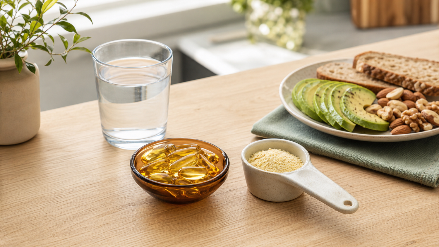 Unbranded CoQ10 powder and golden softgels beside water and a breakfast plate