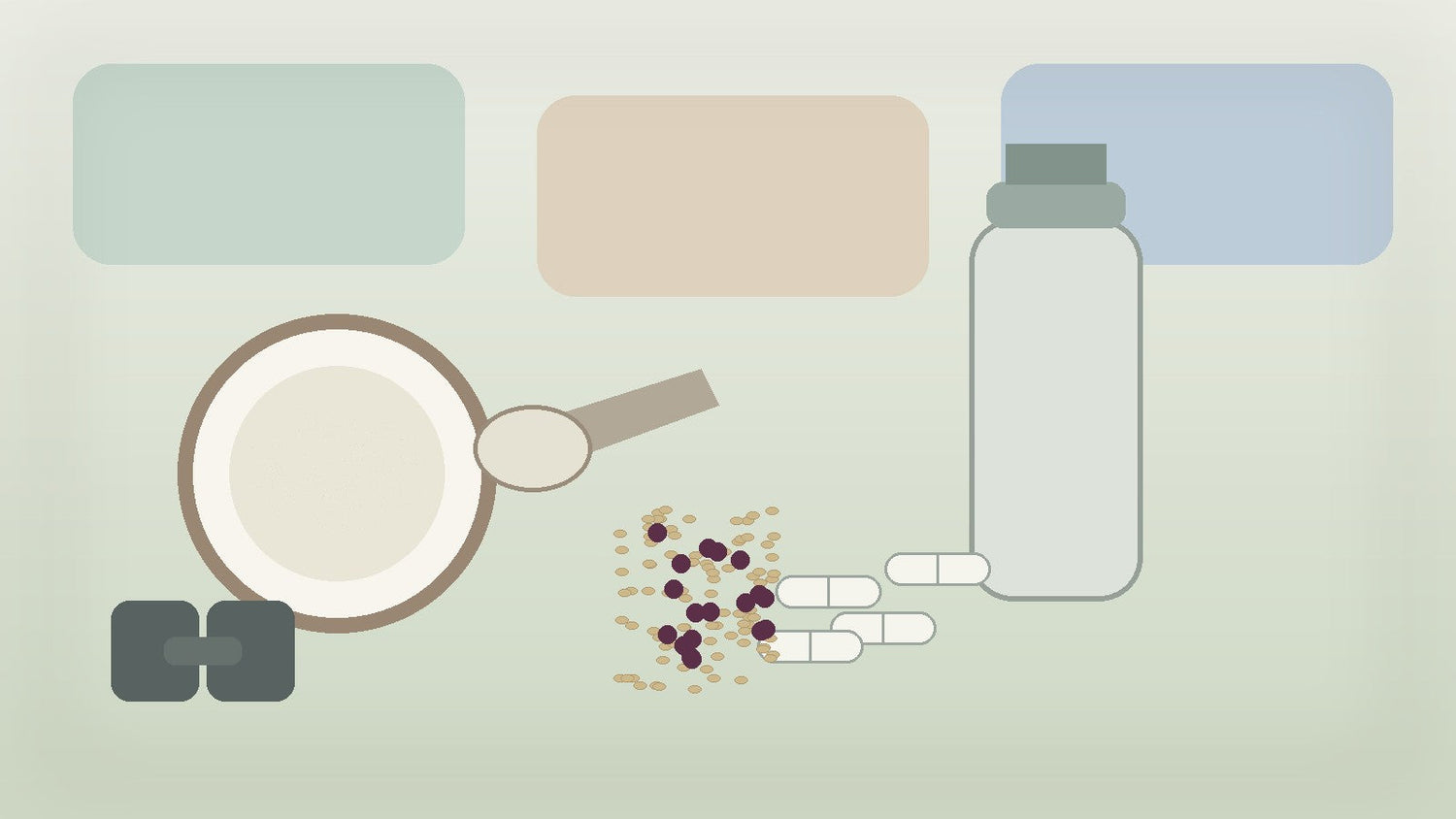 Creatine supplement routine with powder bowl, scoop, shaker bottle, capsules, oats, berries, and dumbbell on a warm tabletop