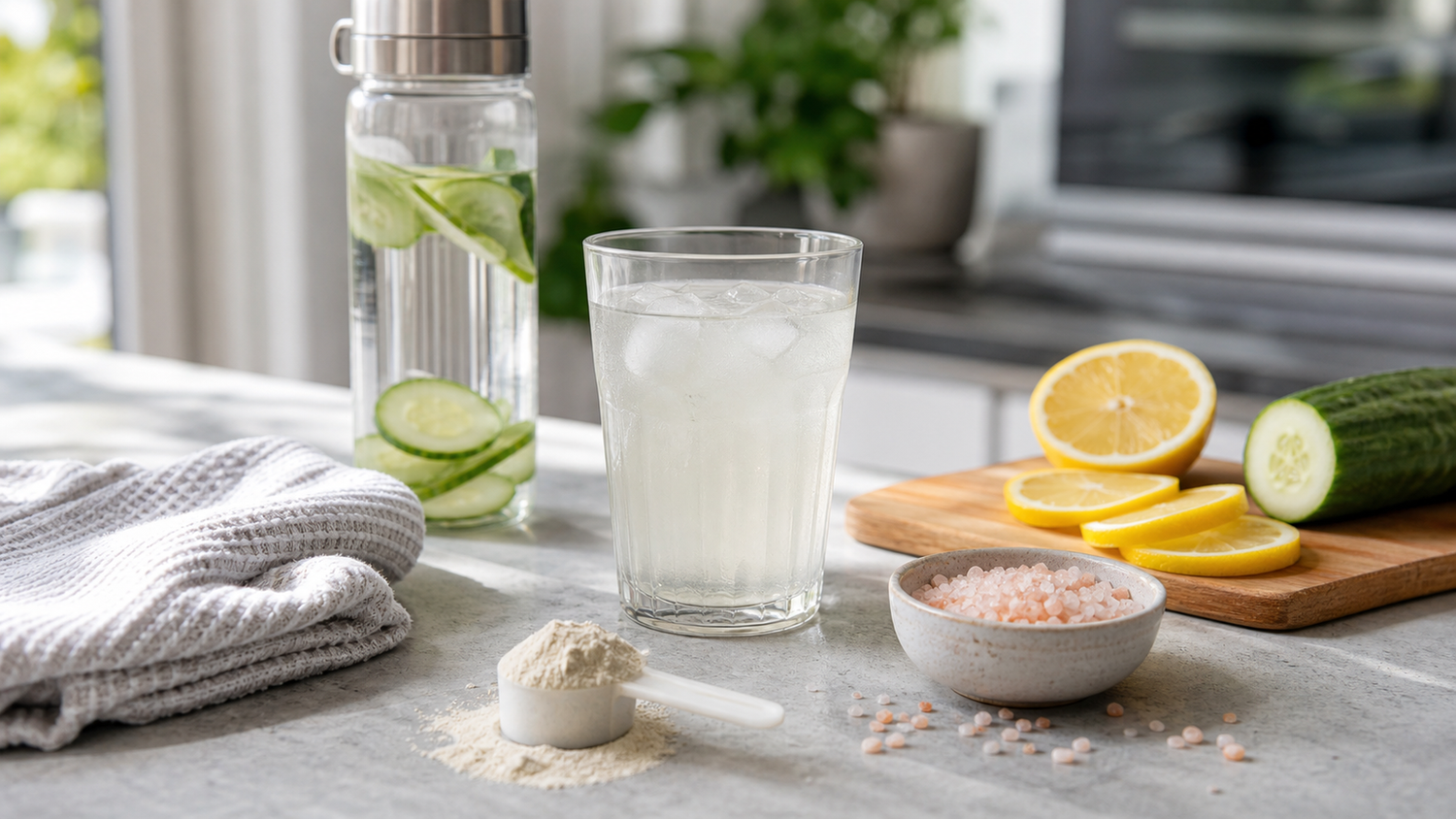 Electrolyte drink with ice, lemon, mineral salts, water bottle, and workout towel on a bright kitchen counter