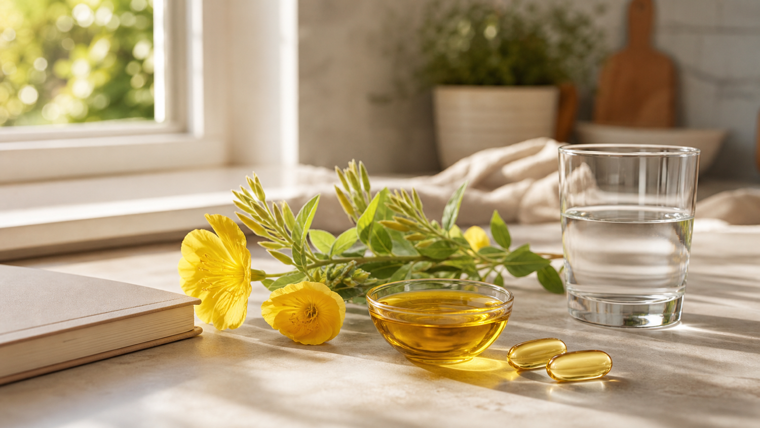 Evening primrose flowers, golden botanical oil, softgels, water, and a notebook on a sunlit kitchen counter