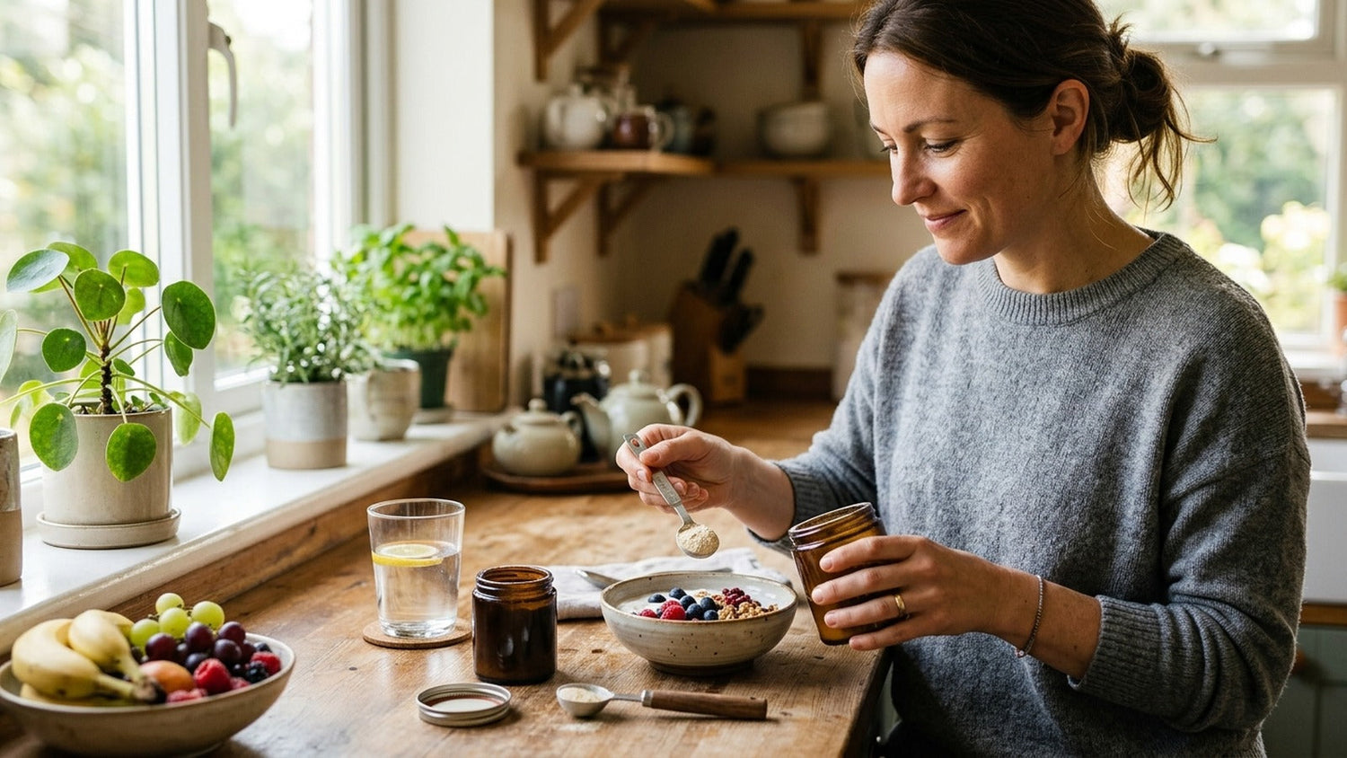 An adult measures Boswellia powder into yogurt at a sunlit kitchen counter.