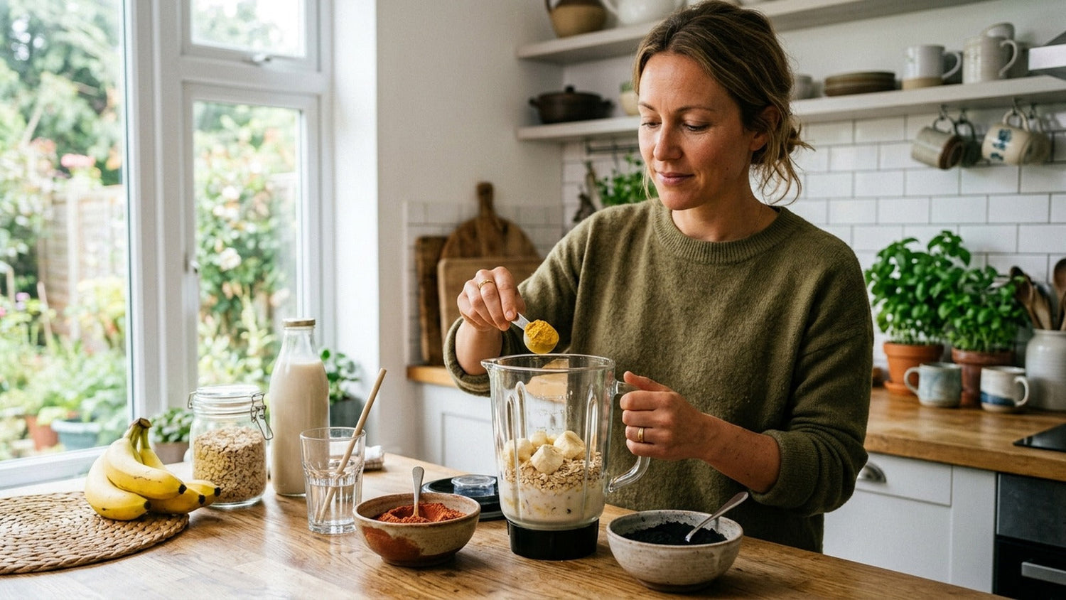 An adult scoops yellow maca powder into a smoothie beside bowls of red and black maca.