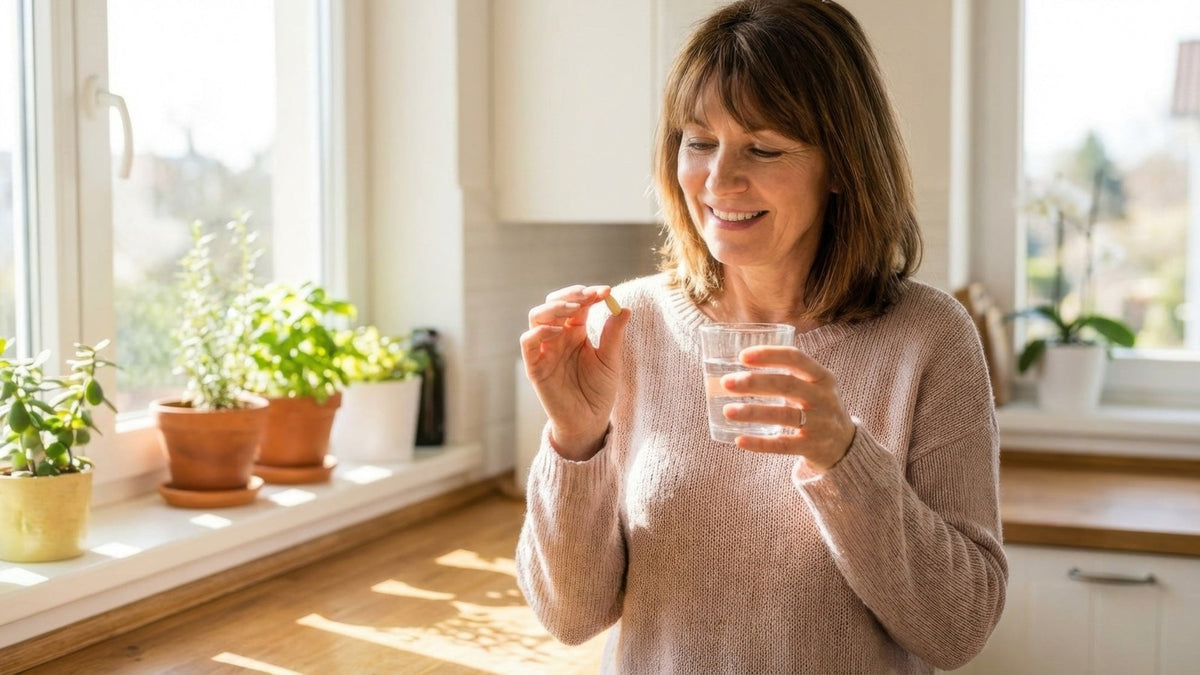Woman taking a magnesium capsule with water in a sunlit kitchen, magnesium benefits for women