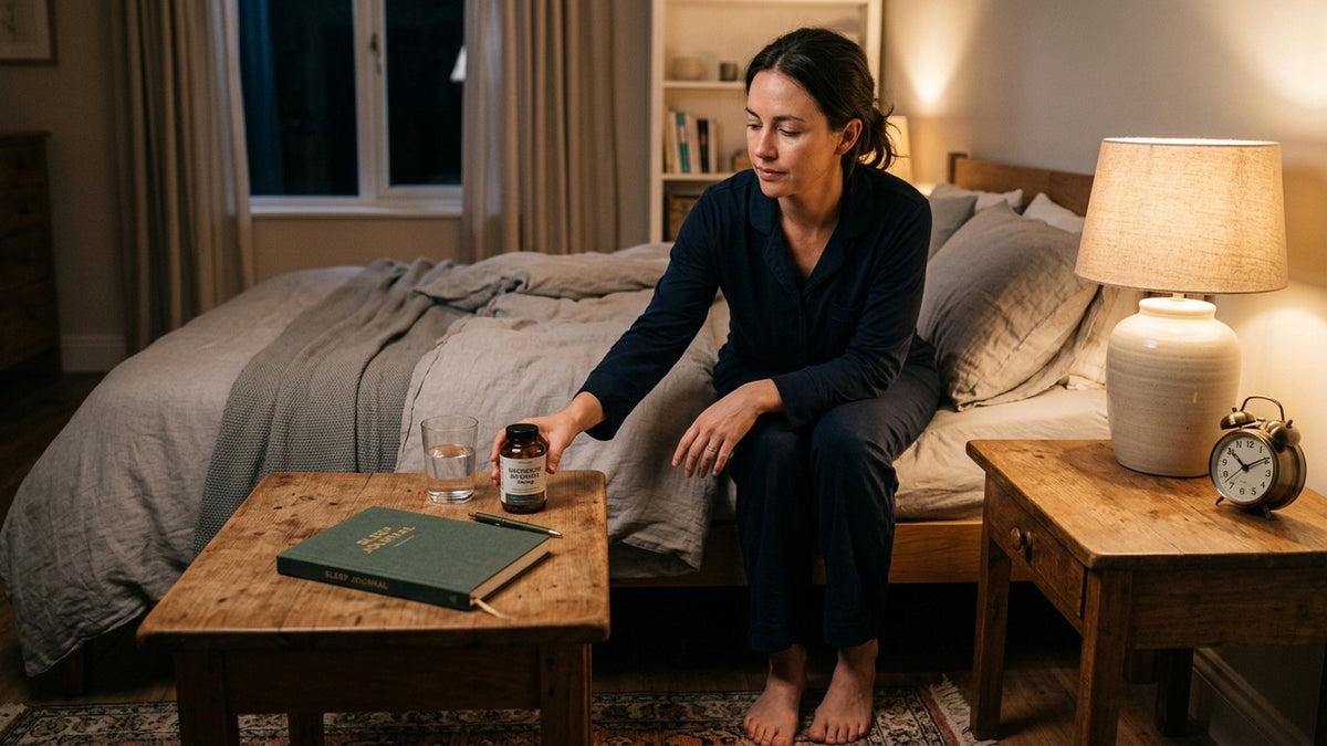 Magnesium glycinate sleep routine with softgels, water, and a quiet evening setup