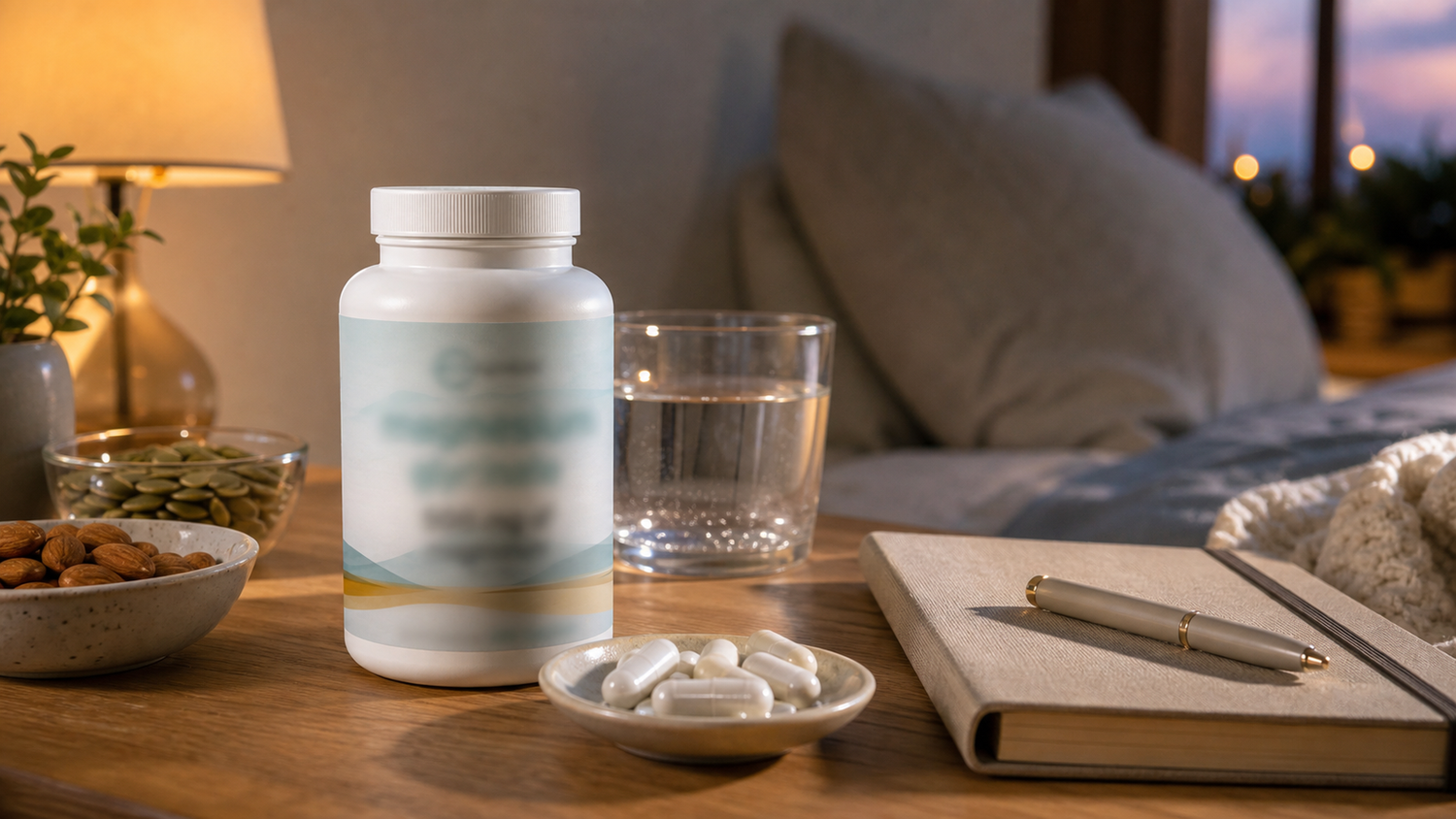 Magnesium glycinate sleep routine with capsules, water, sleep journal, and evening bedside scene