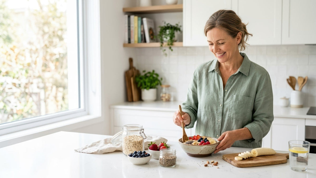 Woman preparing a berry and oat breakfast bowl in a bright kitchen, a food-first routine alongside magnesium glycinate or citrate