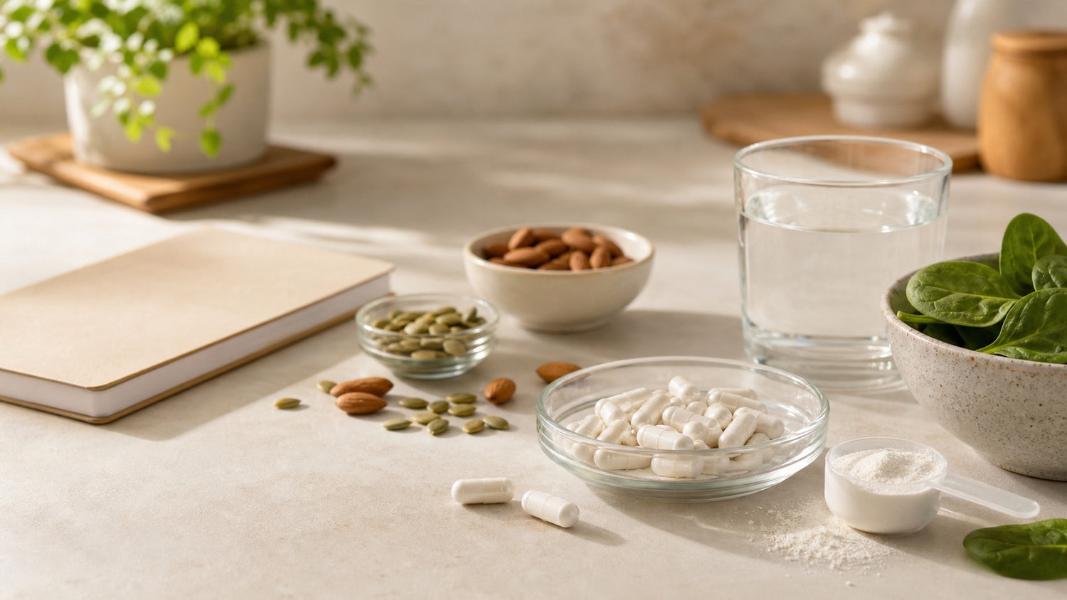 Magnesium supplement routine with capsules, mineral powder, seeds, almonds, spinach, water, and a wellness notebook