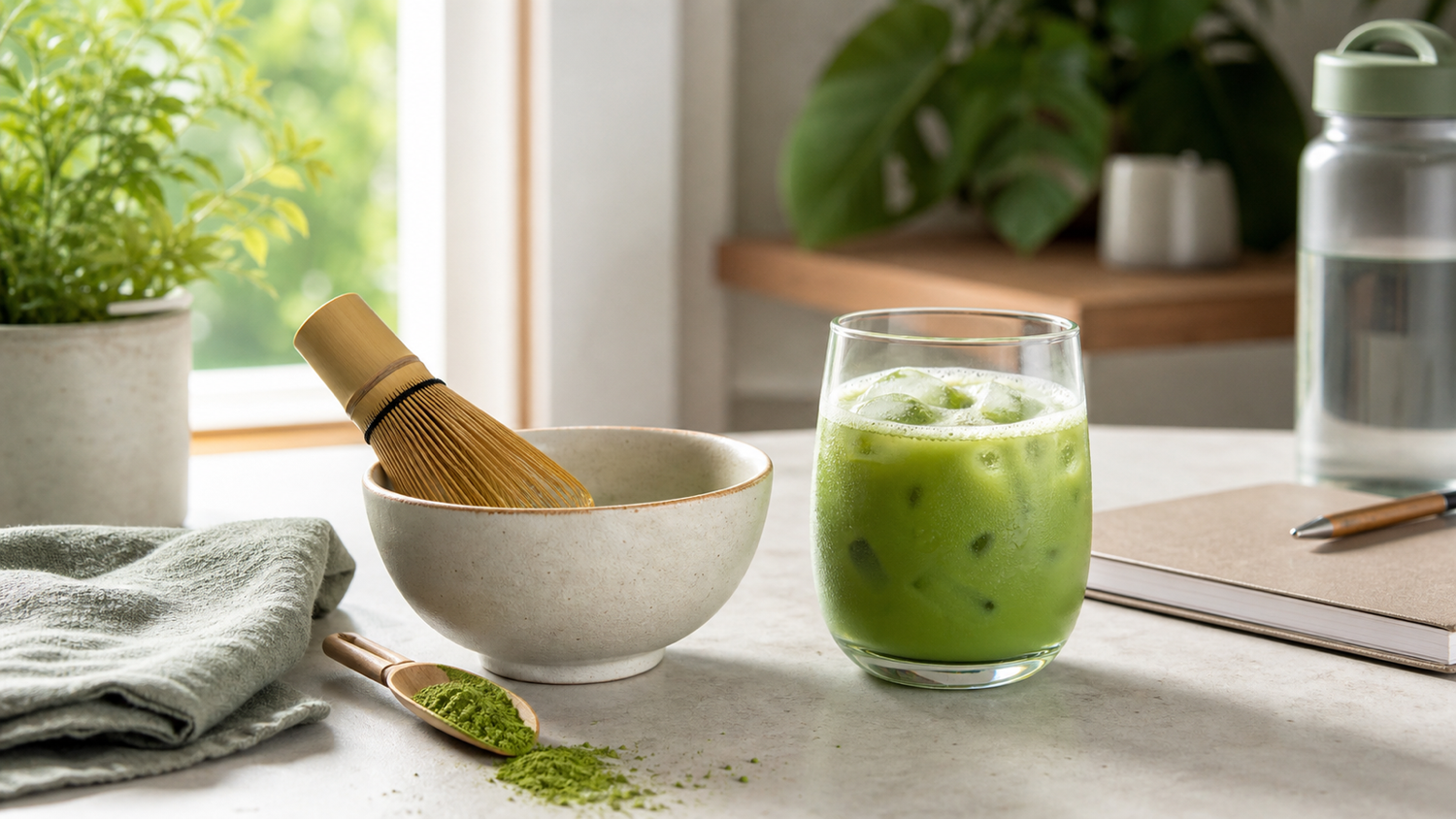 Matcha powder, bamboo whisk, iced matcha, and a morning wellness routine on a bright kitchen table