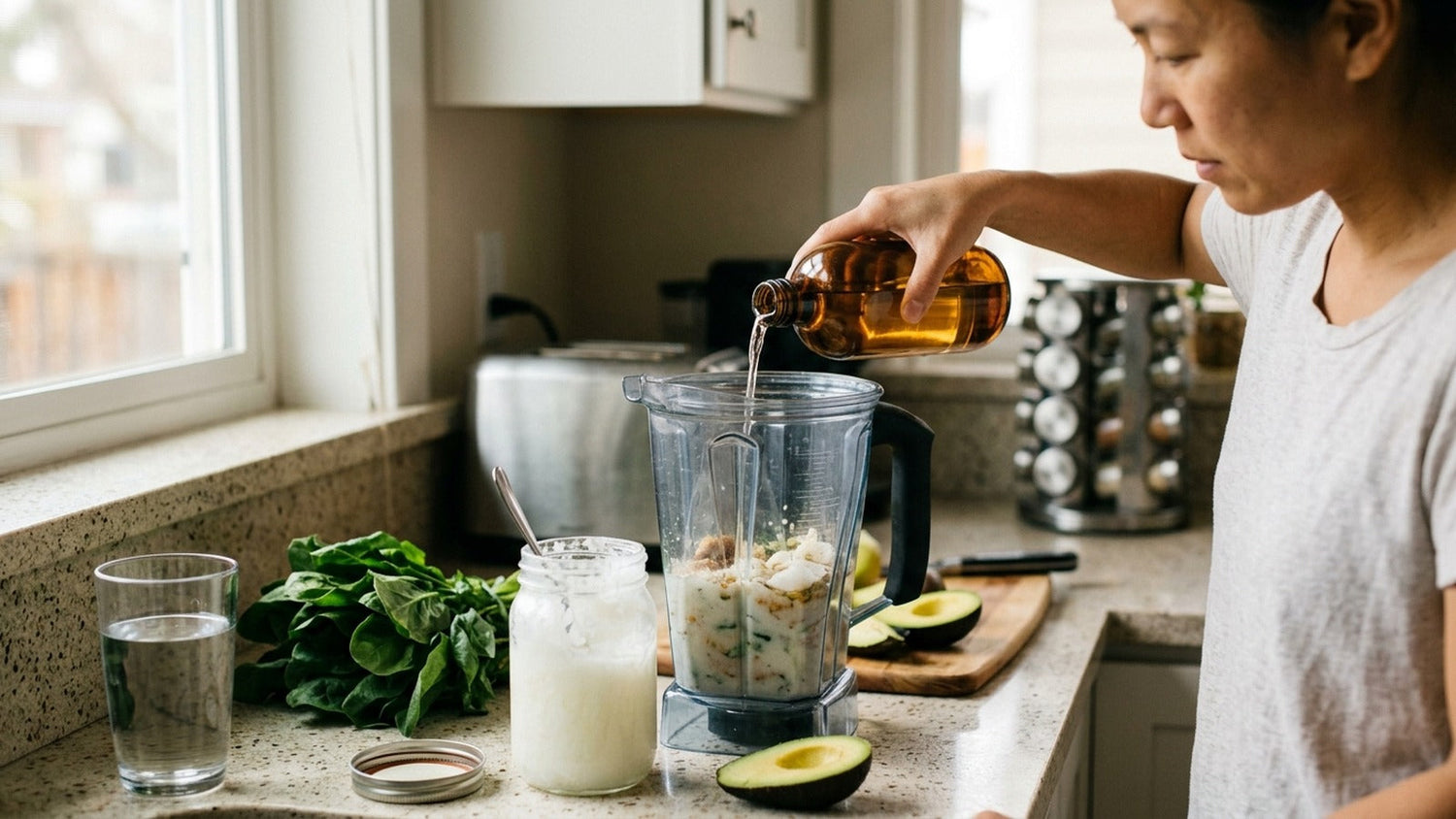 An adult pours MCT oil into a blender beside coconut oil and sliced avocado.