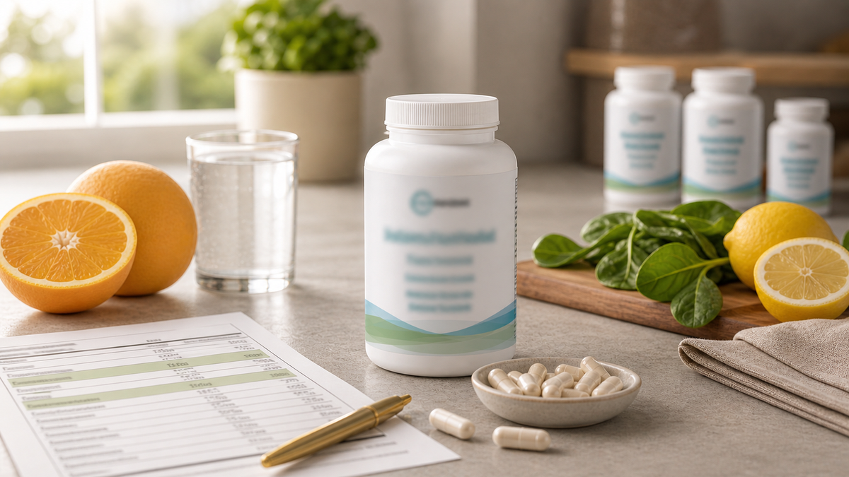 Methylated multivitamin capsules beside a supplement facts label highlighting folate, B12, B6, and riboflavin