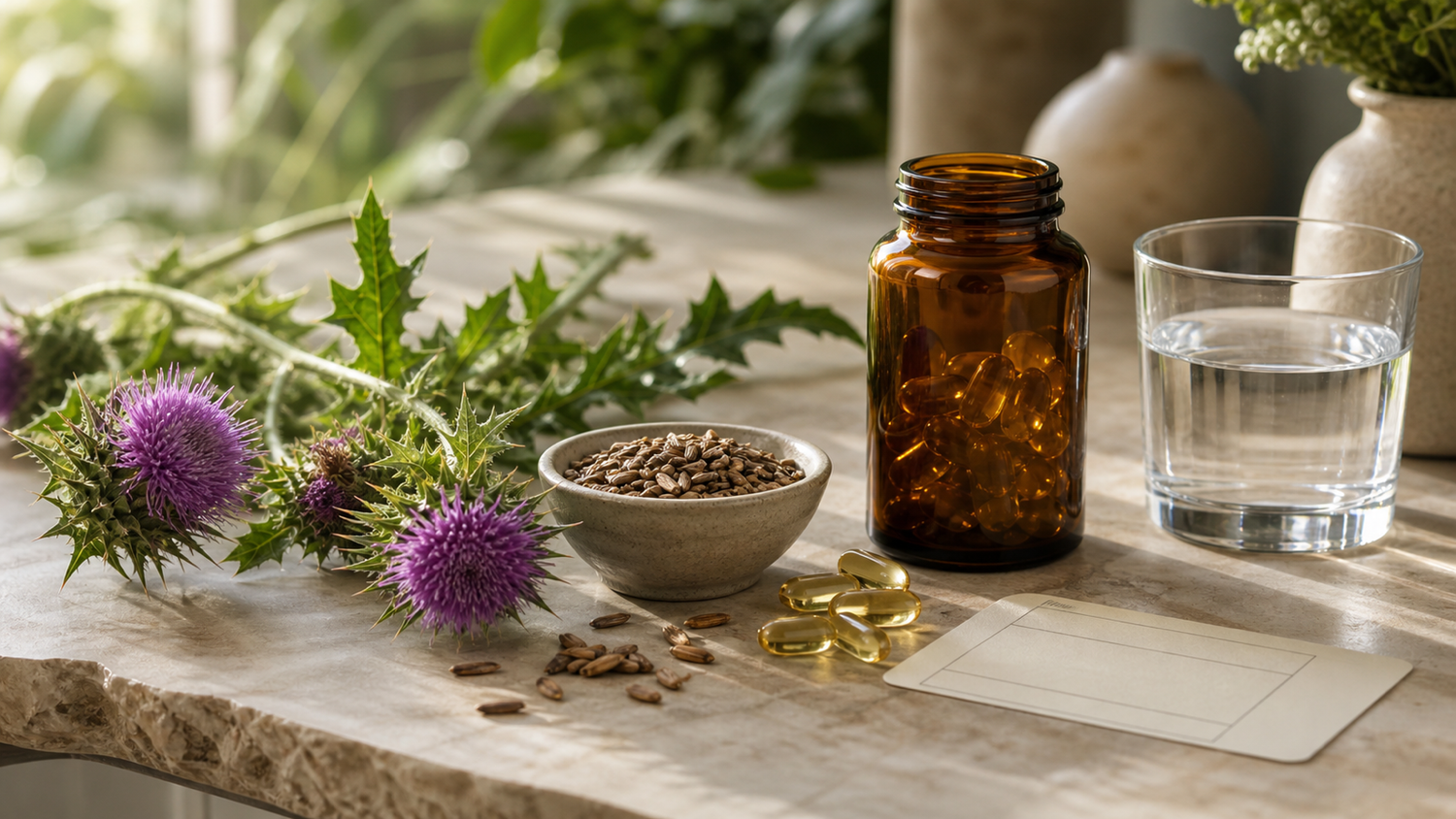 Milk thistle flowers, seeds, golden softgels, an amber bottle, and water on a sunlit stone counter