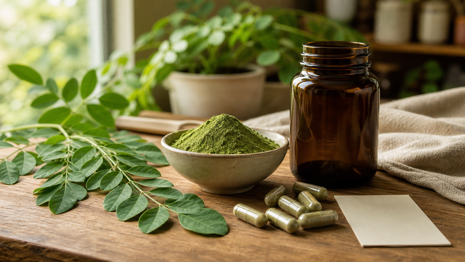 Moringa leaves, green powder, unbranded capsules, and an amber bottle on a wooden table
