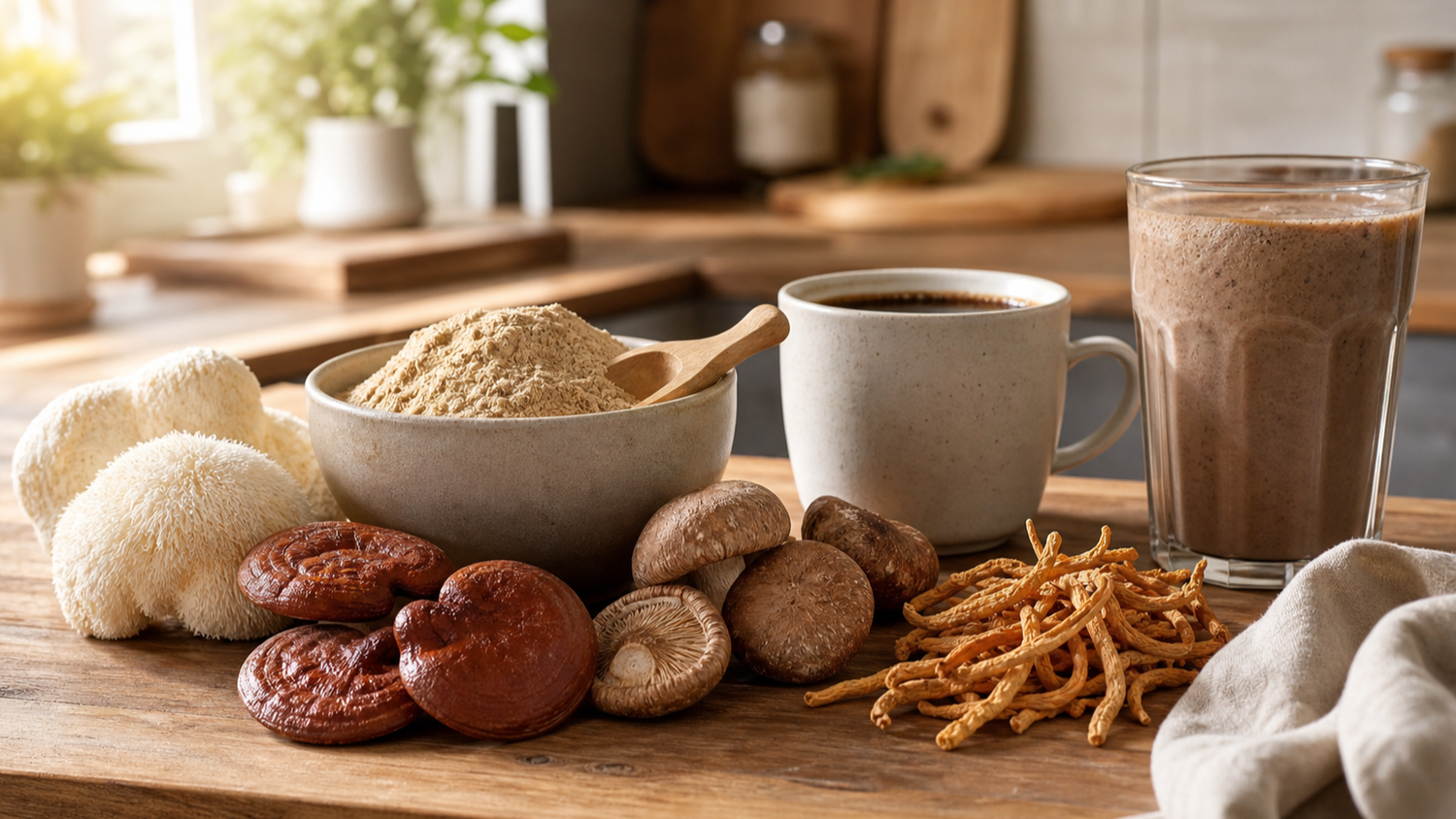 Mushroom powder with lion's mane, reishi, shiitake, cordyceps, coffee, and a smoothie on a kitchen counter