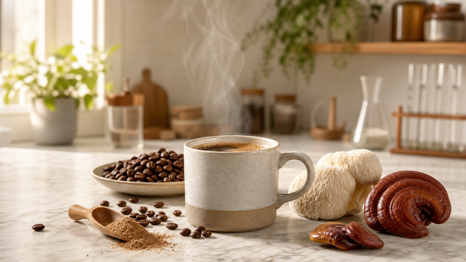 Mushroom coffee with coffee beans, mushroom powder, lion's mane, and reishi