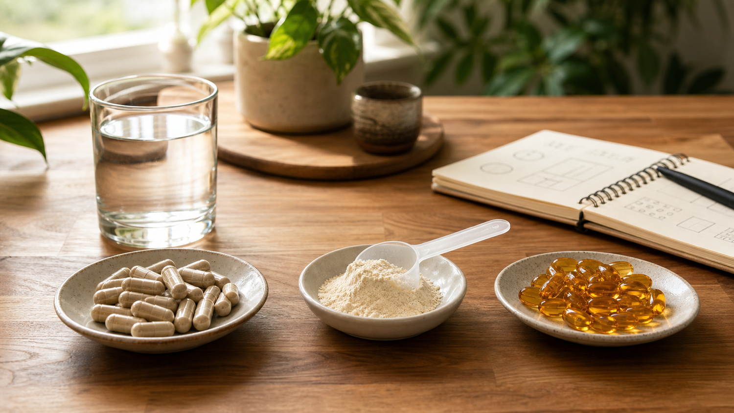 Unbranded capsules, powder, and softgels arranged for a supplement label comparison