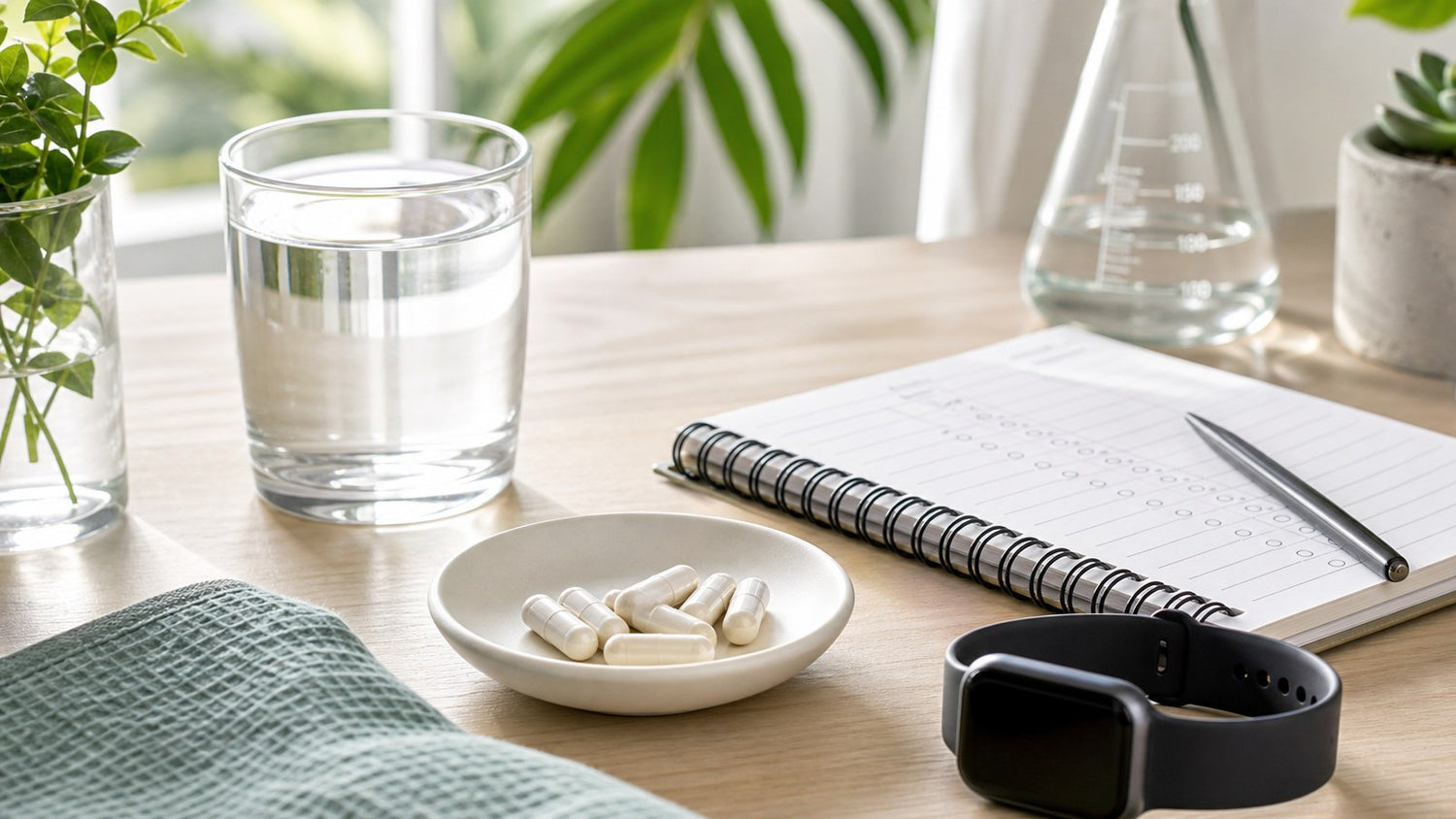 NMN supplement routine with capsules, water, and a morning wellness tracking notebook