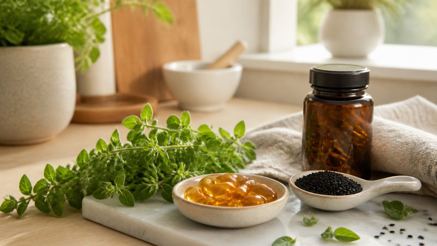 Oil of oregano supplement routine with oregano leaves, black seeds, and softgels
