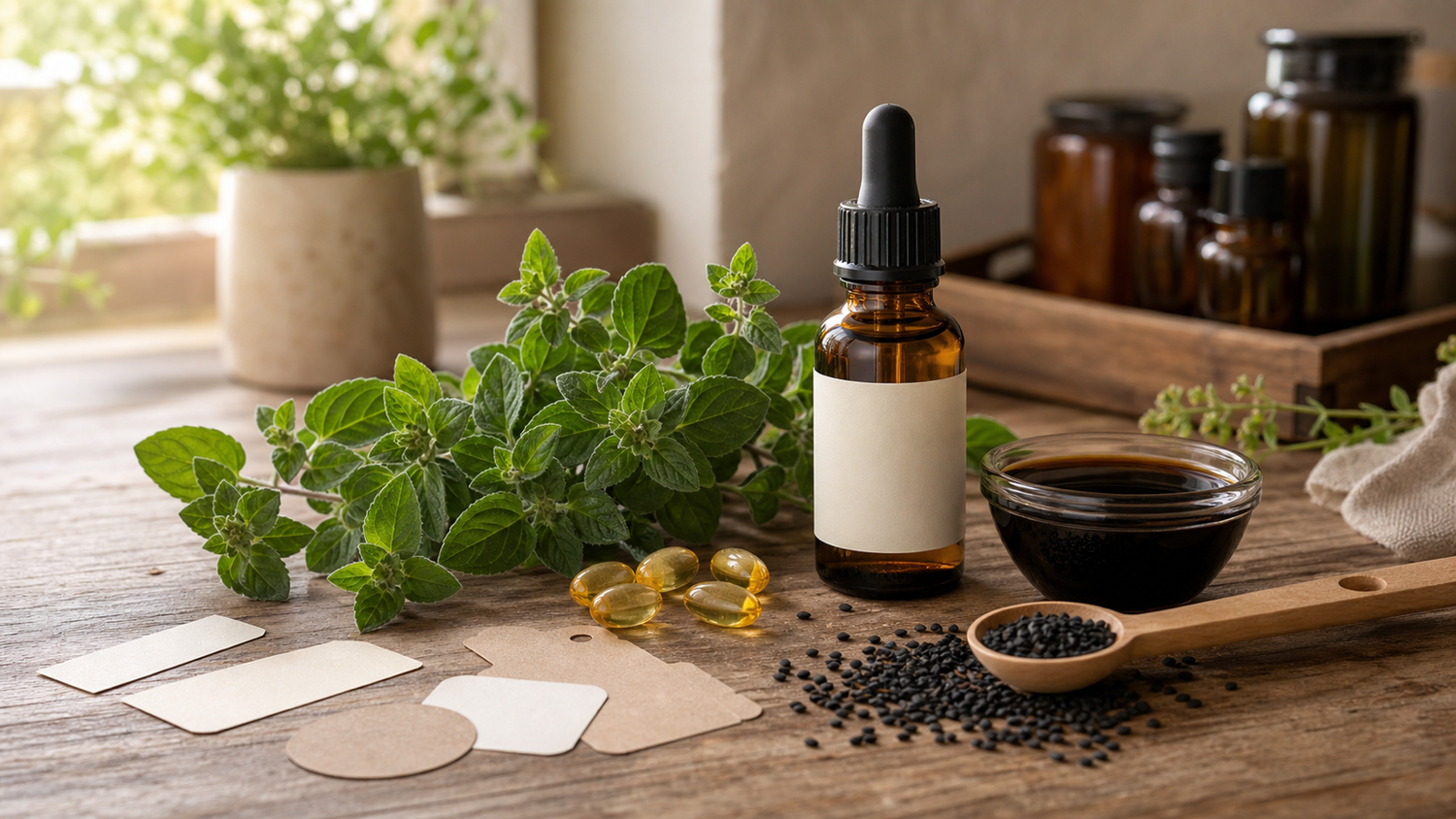 Fresh oregano, an unbranded amber bottle, softgels, black cumin seeds, and black seed oil on a wooden table