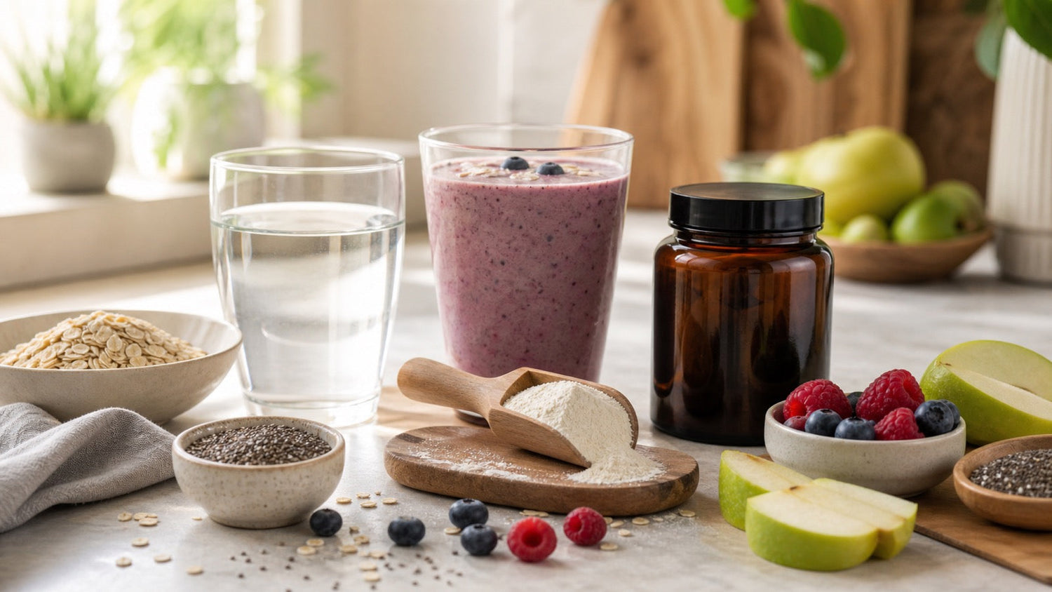 Prebiotic fiber supplement routine with powder, oats, berries, water, and smoothie ingredients