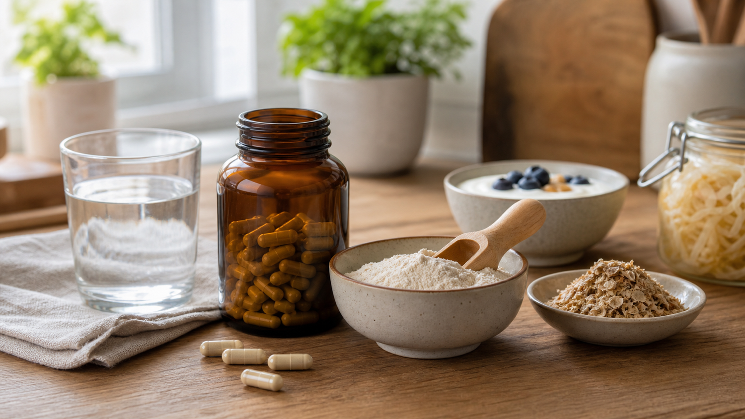Unbranded probiotic capsules, prebiotic fiber powder, fermented food, and water on a warm kitchen table