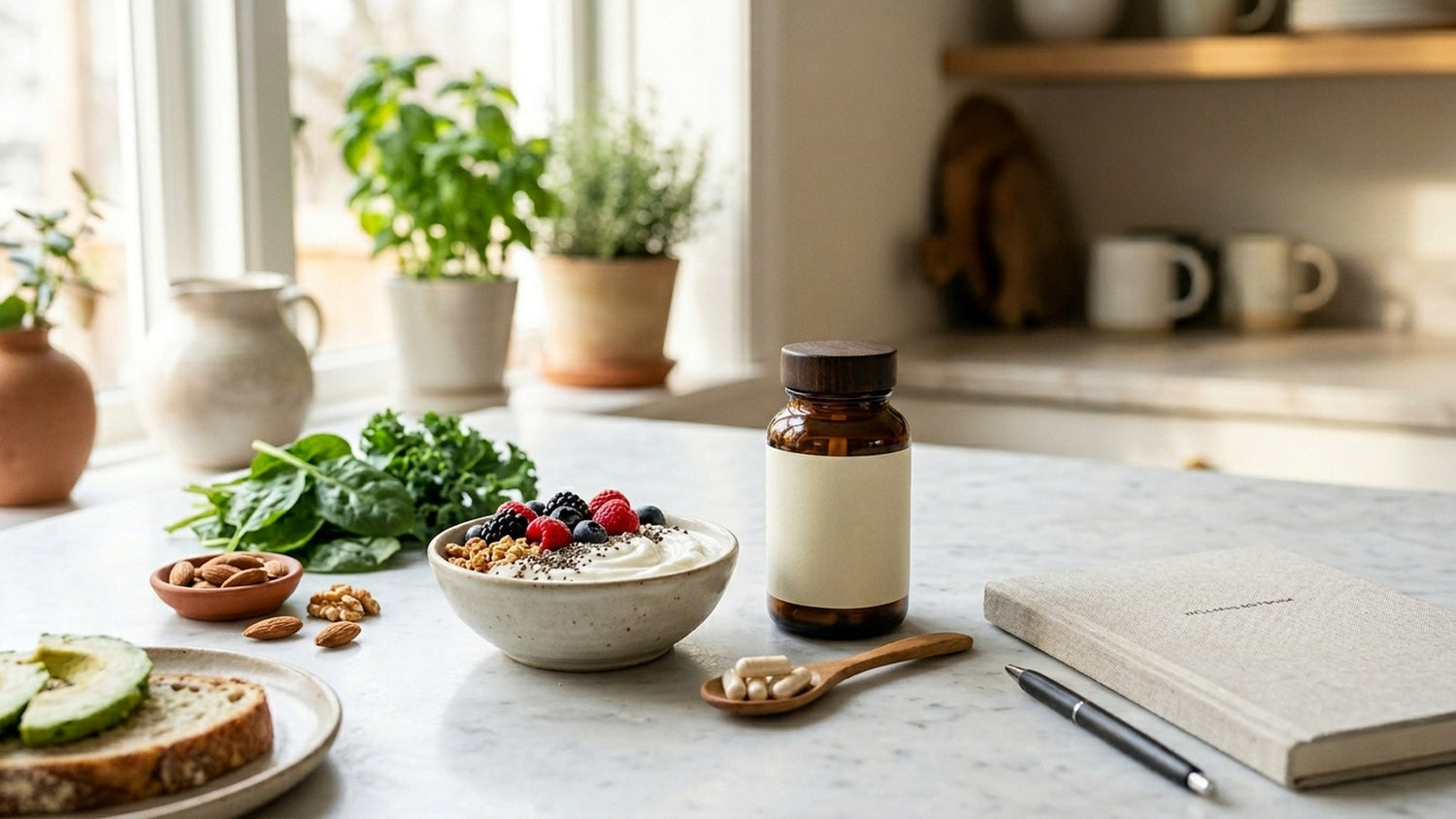 Probiotic supplement routine with yogurt, berries, fiber-rich foods, capsules, and a wellness notebook