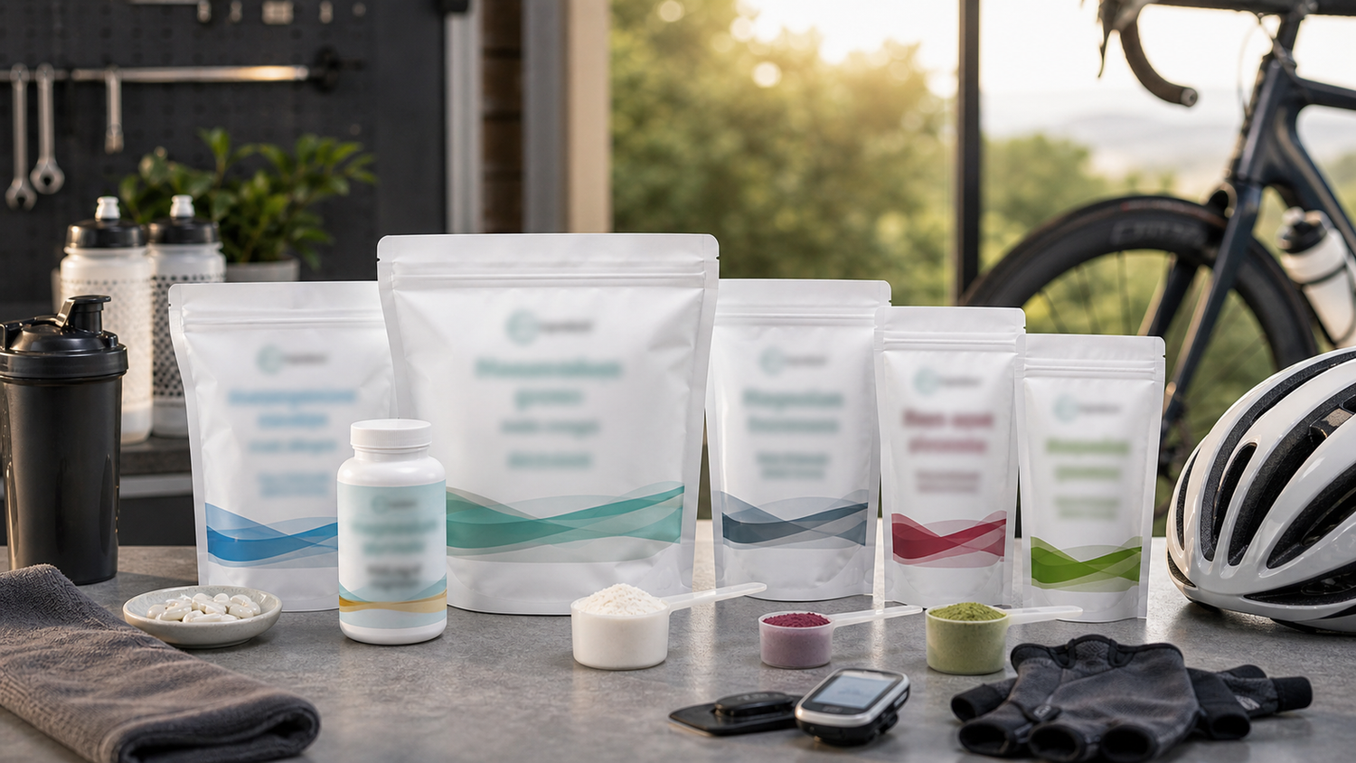 Professional cyclist supplement stack with Micro Ingredients-style powders, water bottles, helmet, and road bike gear
