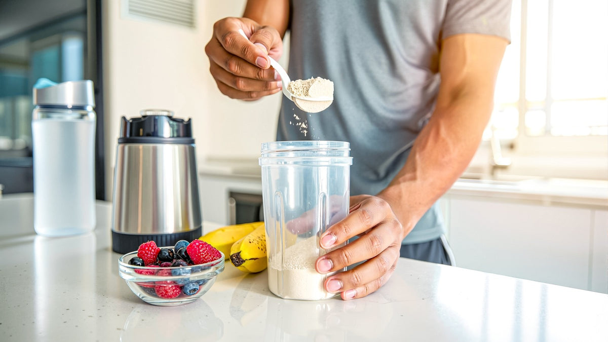 Man scooping protein powder into a shaker bottle for a protein shake for GLP-1 users