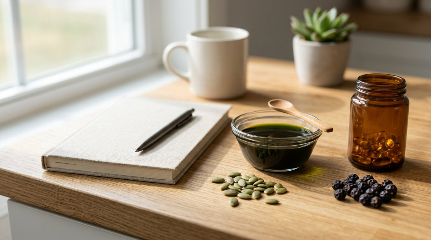 Pumpkin seed oil supplement routine with pumpkin seeds, softgels, saw palmetto berries, and a hair progress notebook
