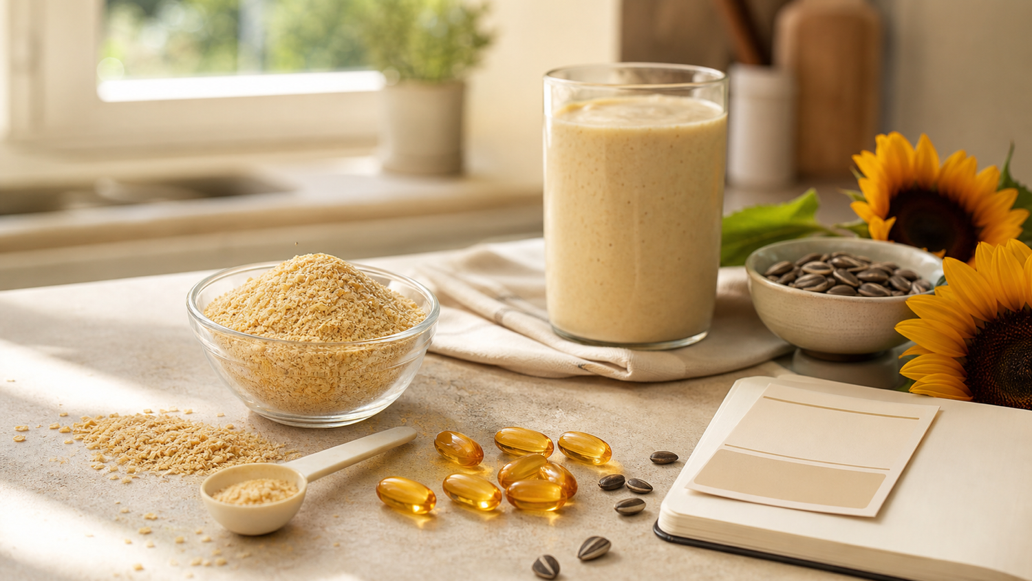 Sunflower lecithin powder, golden softgels, sunflower seeds, and a smoothie on a sunlit kitchen counter