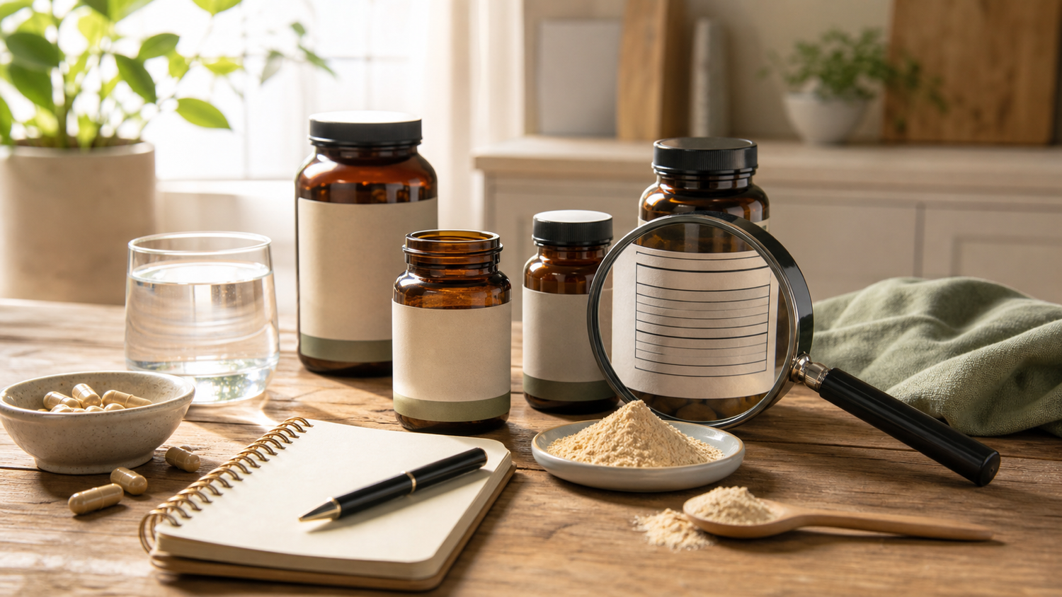 Unbranded supplement bottles, a magnifying glass, capsules, powder, notebook, and water on a warm kitchen table