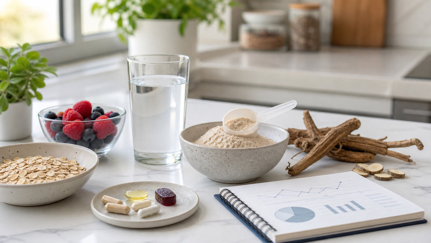 Supplement market trends scene with fiber powder, oats, berries, capsules, softgel, gummy, and wellness trend notebook