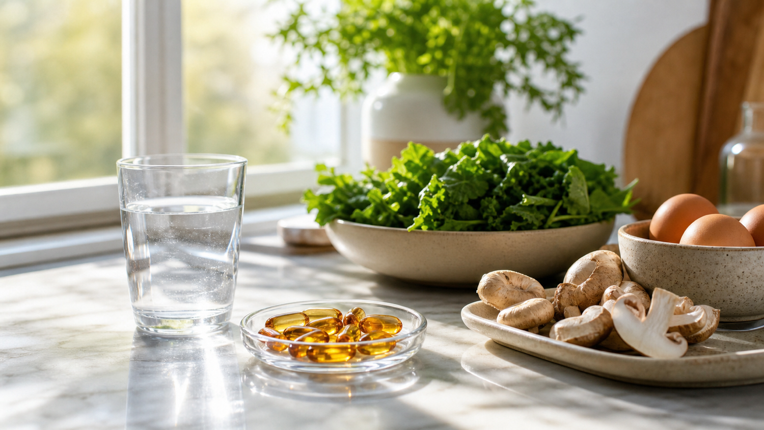 Vitamin D3 and K2 supplement routine with capsules, water, greens, eggs, mushrooms, and morning sunlight on a kitchen counter