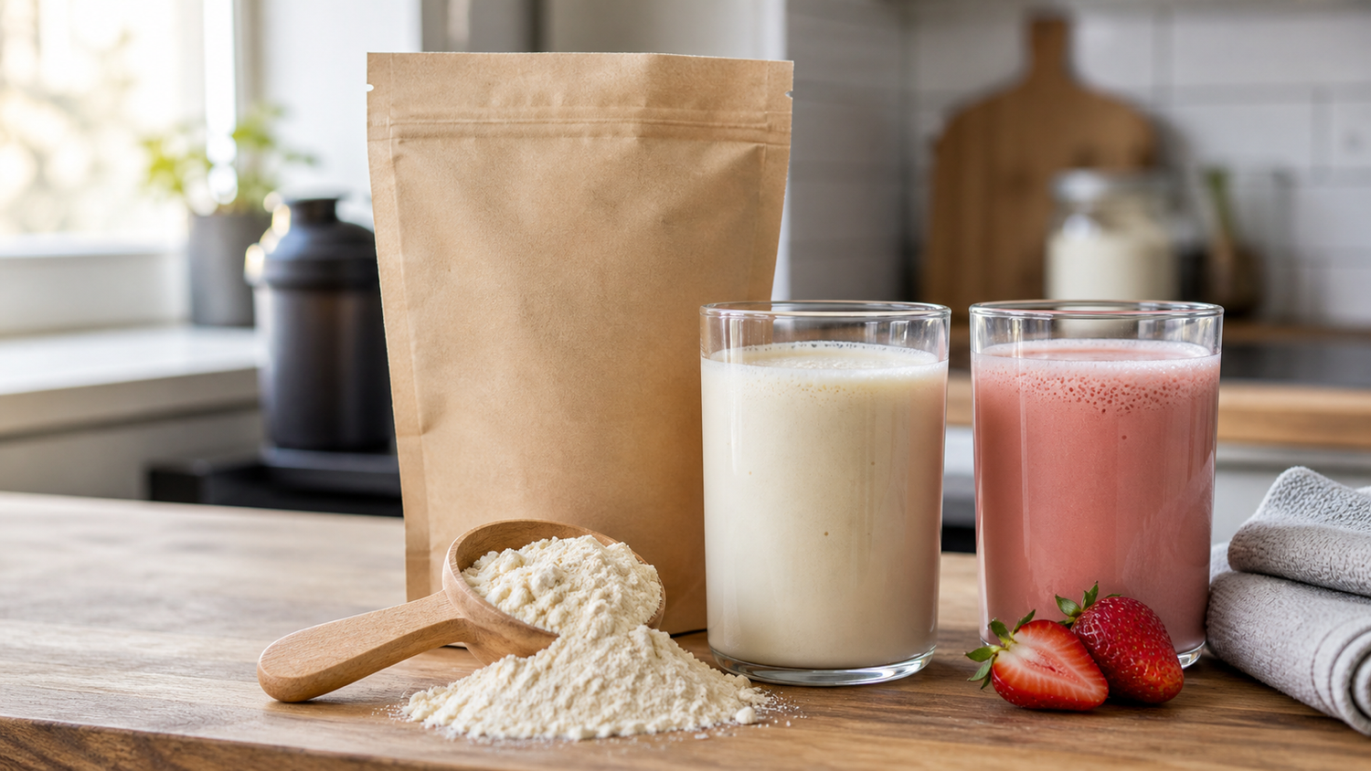 Unbranded whey powder, a creamy shake, and a strawberry protein drink on a warm kitchen counter