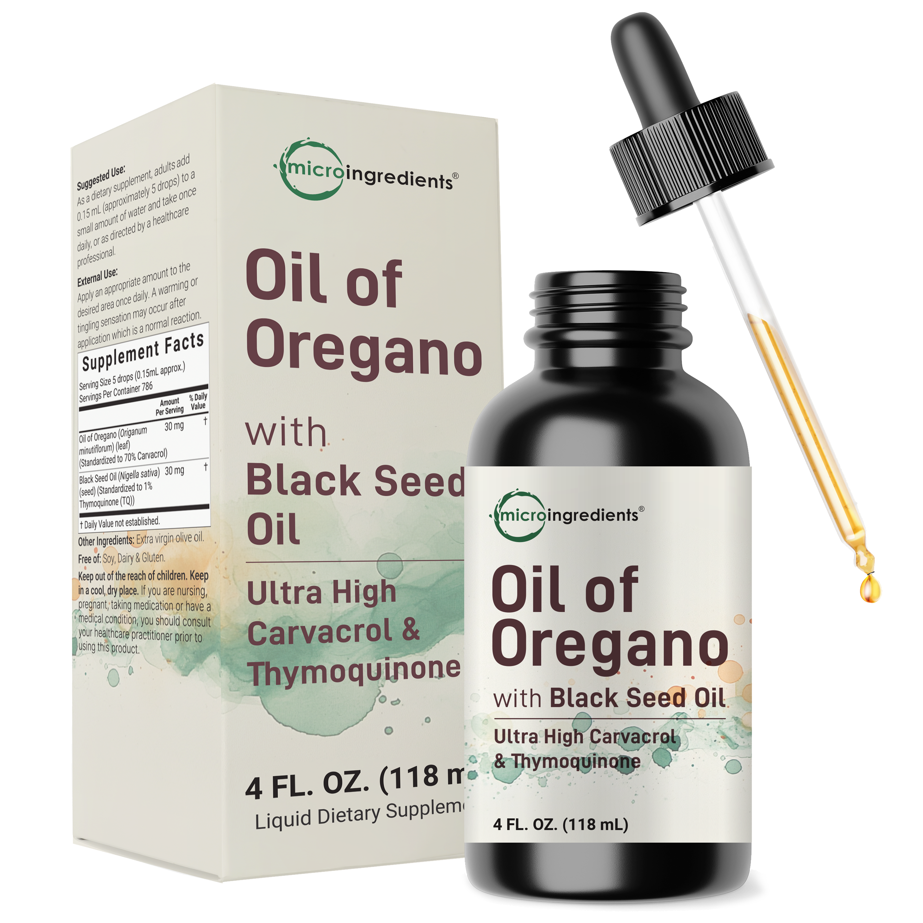 Micro Ingredients Oil of Oregano with Black Seed Oil, 4 fl oz, 2-in-1 Dropper