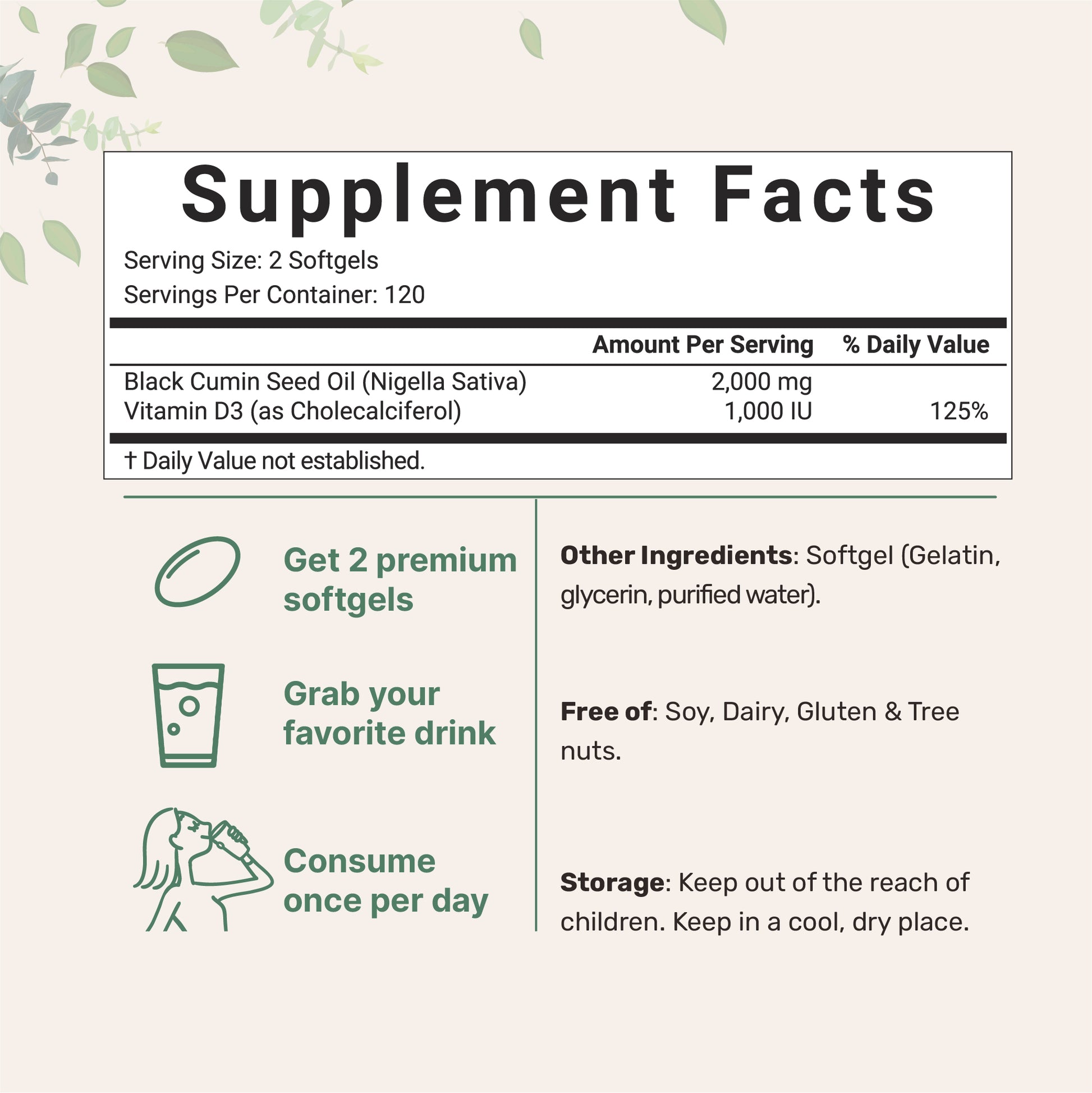 Black Seed Oil 2000 mg with Vitamin D3 1000 IU, 240 Softgels Supplement Facts