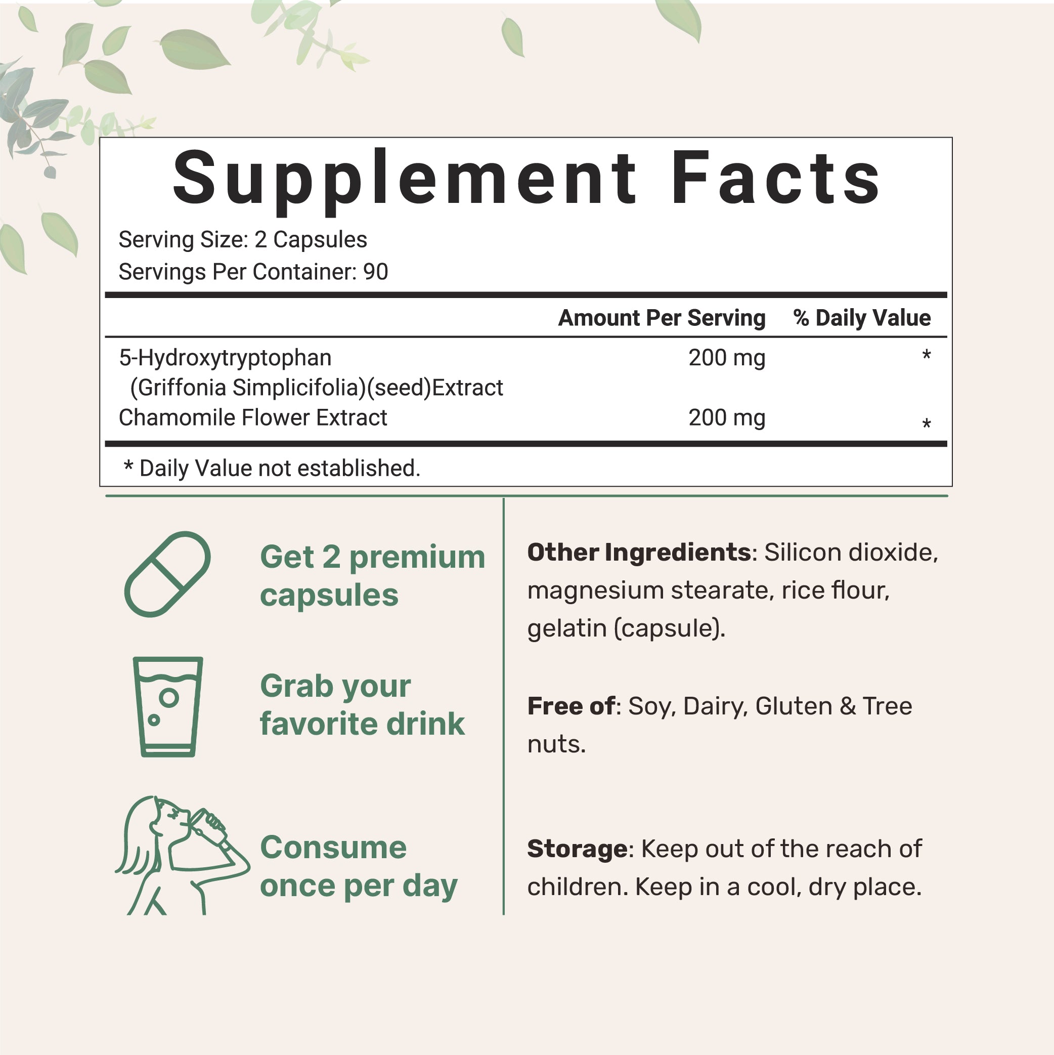 Best 5-htp supplement, 5-HTP with Chamomile 200mg, 180 Capsules Supplement Facts