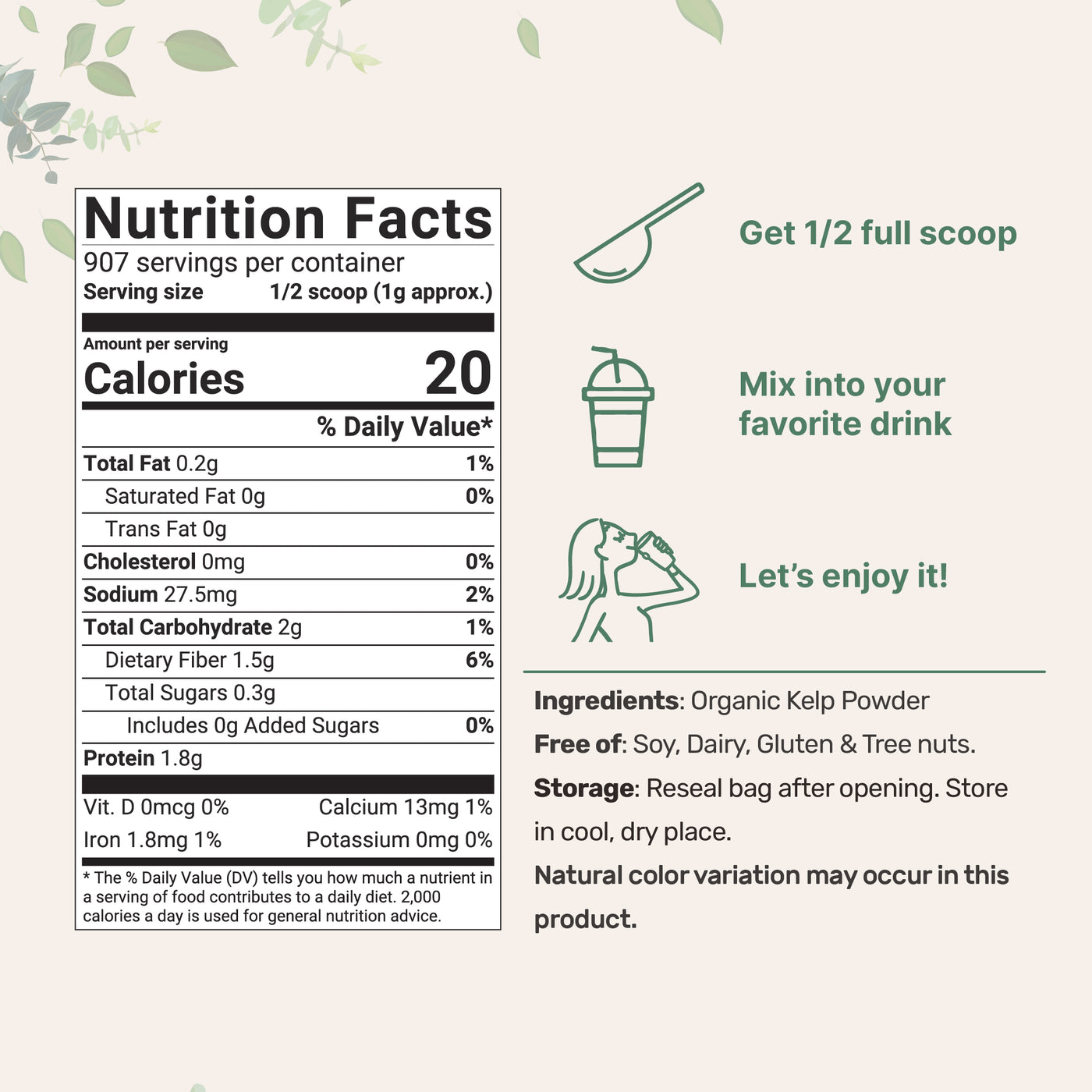 Organic Kelp Powder Supplement, 2lbs Nutrition Facts