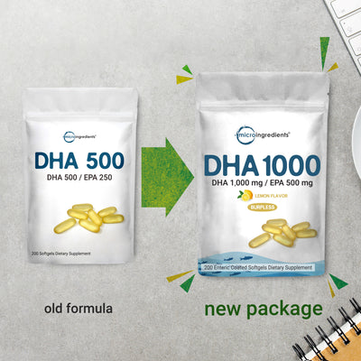 Micro Ingredients Omega 3 Fish Oil DHA Supplements 1000mg with EPA 500mg, 200 Softgels –   Lemon Flavored