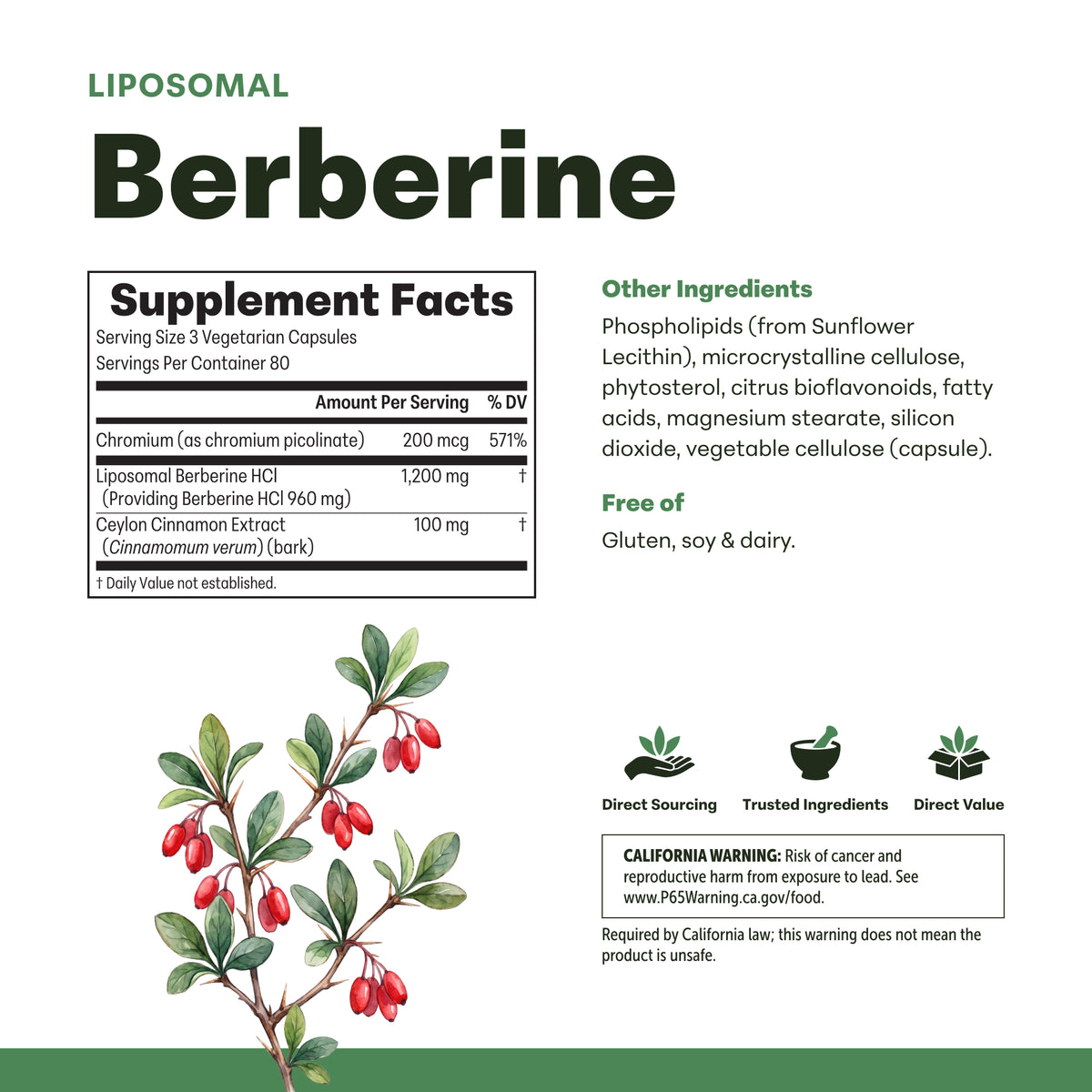 Micro Ingredients Liposomal Berberine 1200mg with Ceylon Cinnamon & Chromium complex, 240 vegetarian capsules