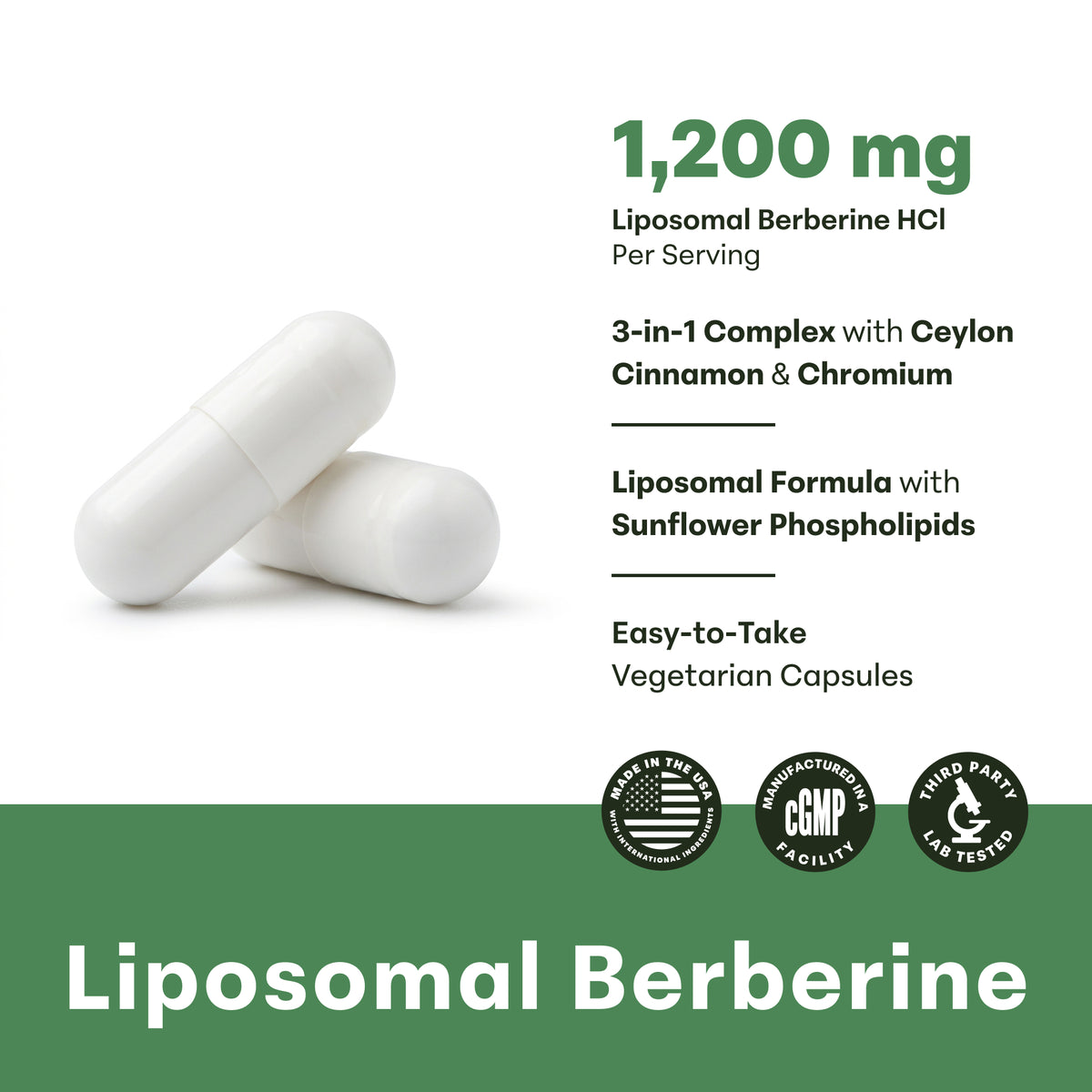 Micro Ingredients Liposomal Berberine 1200mg with Ceylon Cinnamon & Chromium complex, 240 Vegetarian Capsules