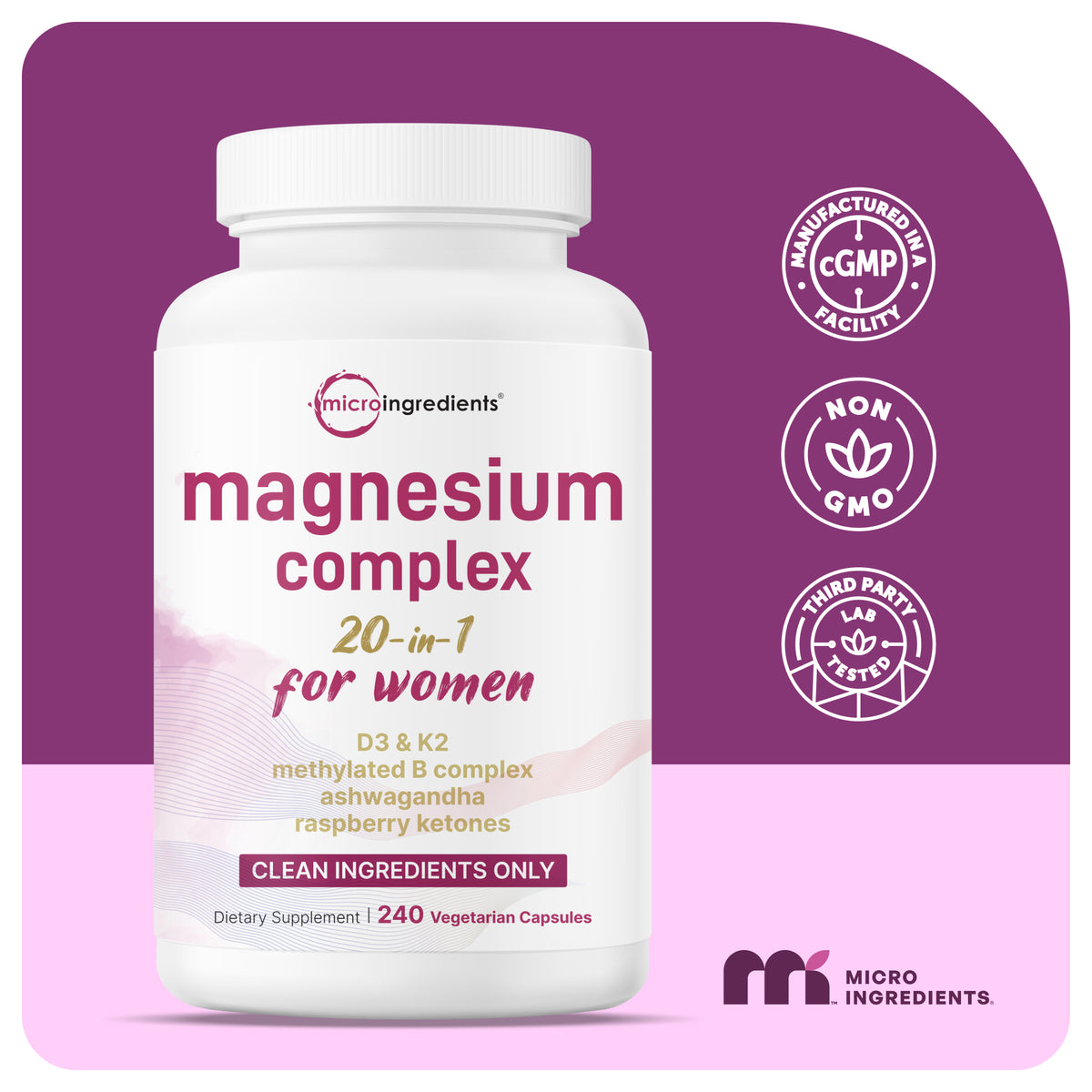 Micro Ingredients Magnesium Complex 20-in-1 for Women, frasco de 240 cápsulas vegetarianas