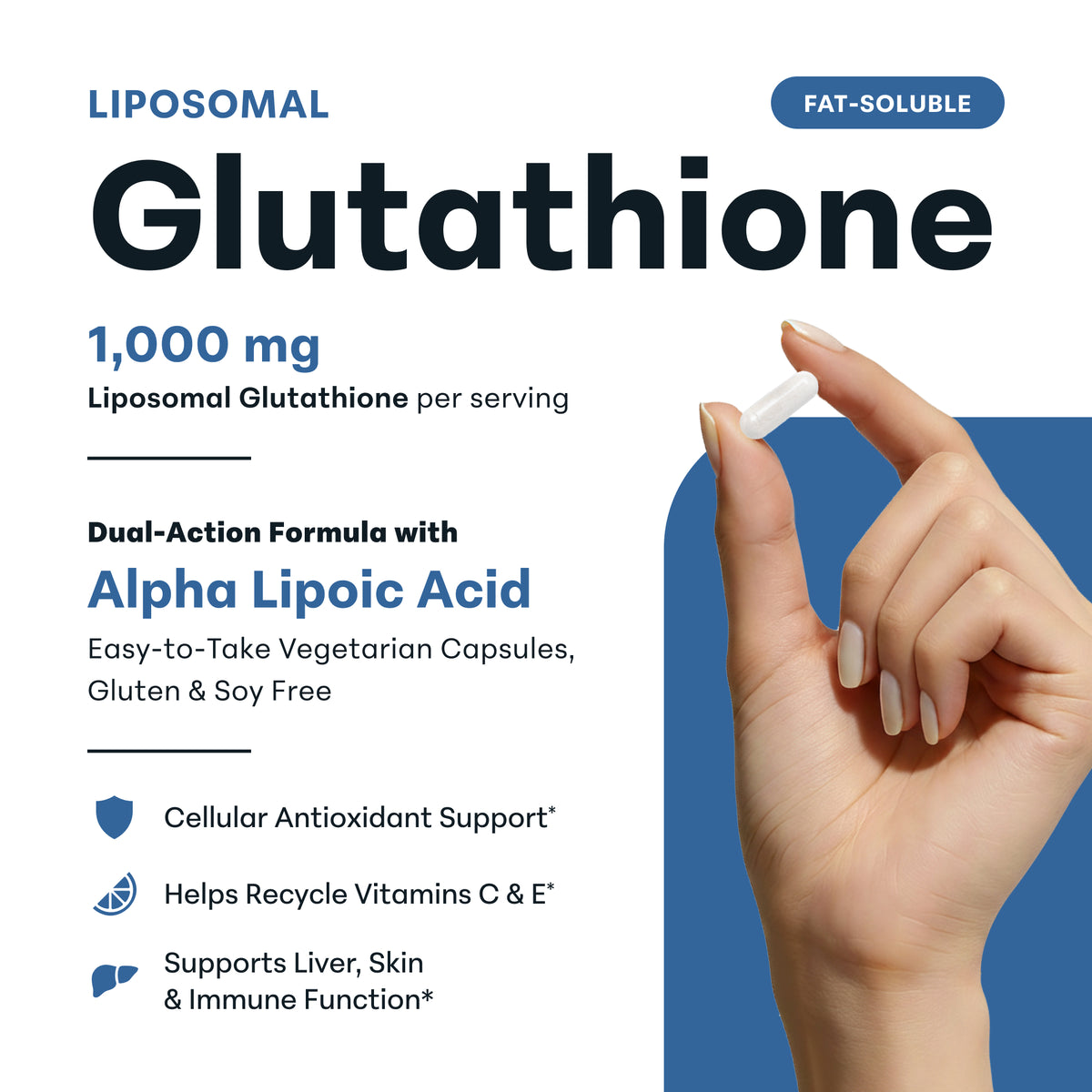 Liposomal glutathione 1,000mg per serving with alpha lipoic acid, vegetarian capsule held in hand