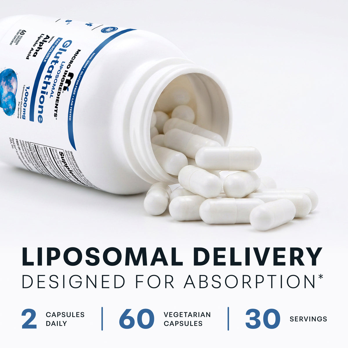 Open bottle of liposomal glutathione capsules: 2 capsules daily, 60 capsules, 30 servings
